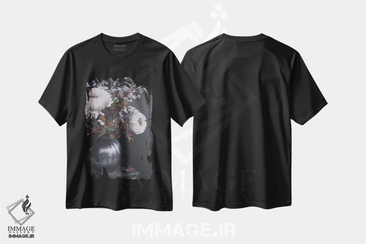 تیشرت مشکی طرح دار طبیعت بی جان، مدیوم اثر شارلوت ادر | فروشگاه ایماژ