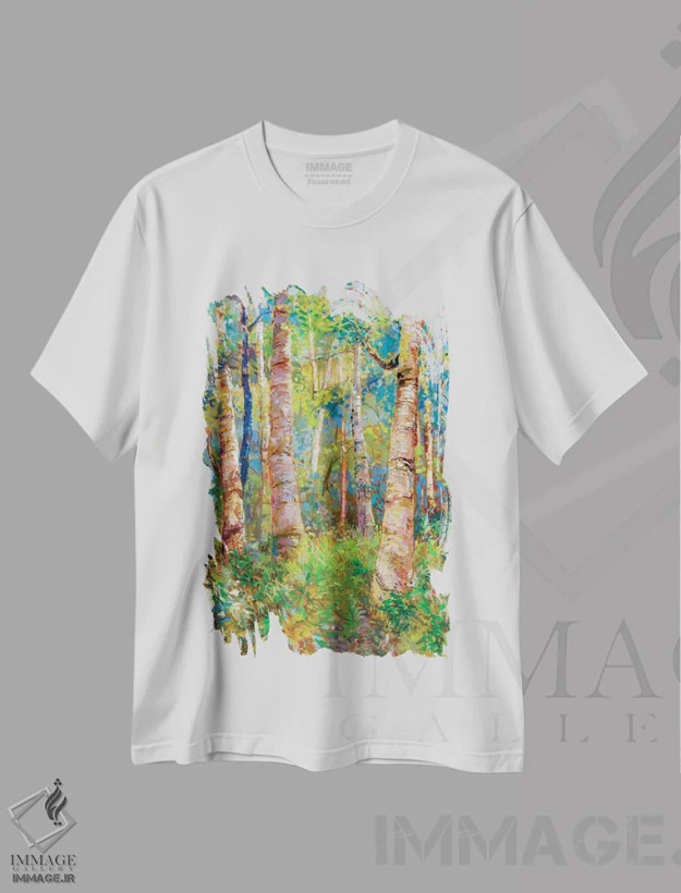 تیشرت سفید طرح دار جنگل کوچک توس، هنر فاخر معاصر اثر کترین ام الیوت | فروشگاه ایماژ