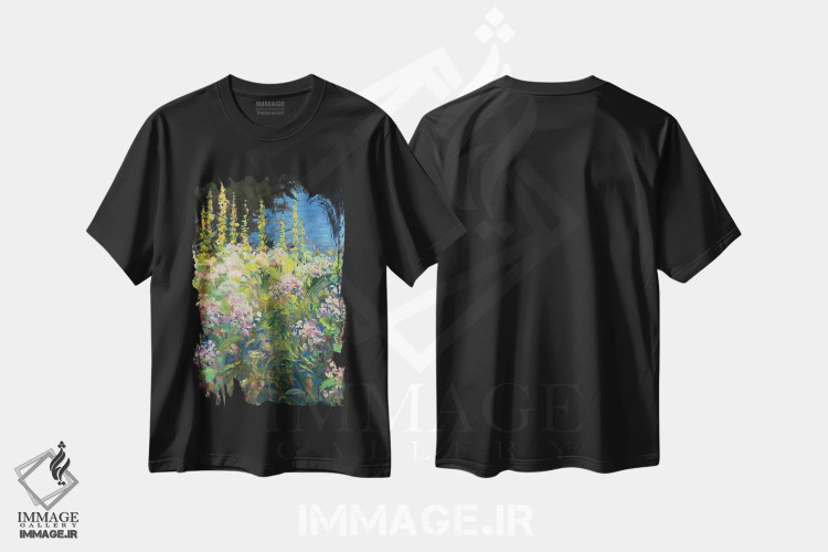 تیشرت مشکی طرح دار گل ختمی، هنر فاخر معاصر اثر کترین ام الیوت | فروشگاه ایماژ