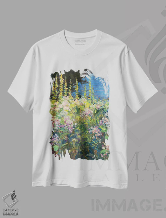 تیشرت سفید طرح دار گل ختمی، هنر فاخر معاصر اثر کترین ام الیوت | immage.ir