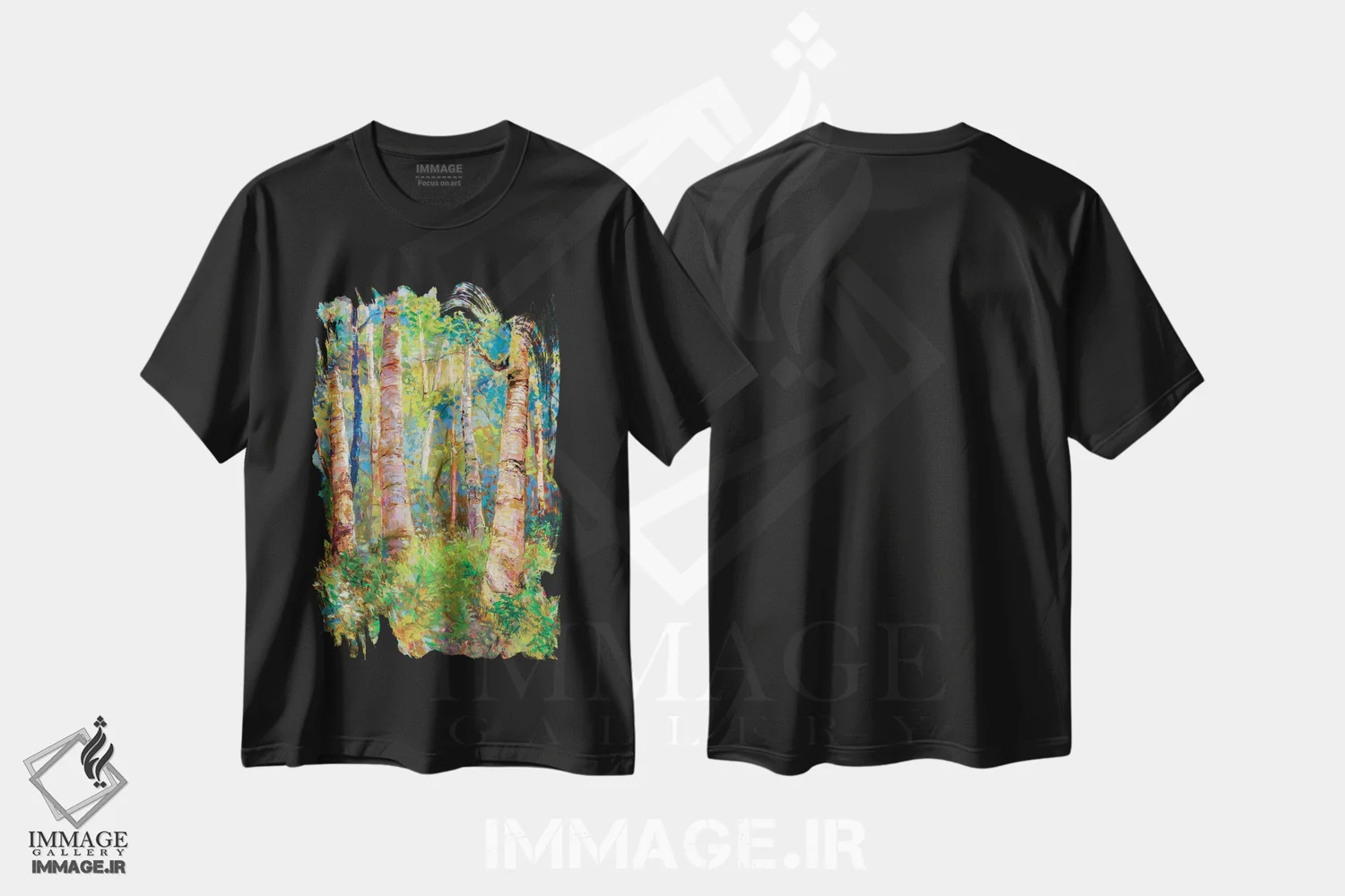 تیشرت مشکی طرح دار جنگل کوچک توس، هنر فاخر معاصر اثر کترین ام الیوت | immage.ir