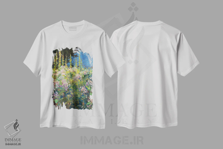 تیشرت سفید طرح دار گل ختمی، هنر فاخر معاصر اثر کترین ام الیوت | immage.ir