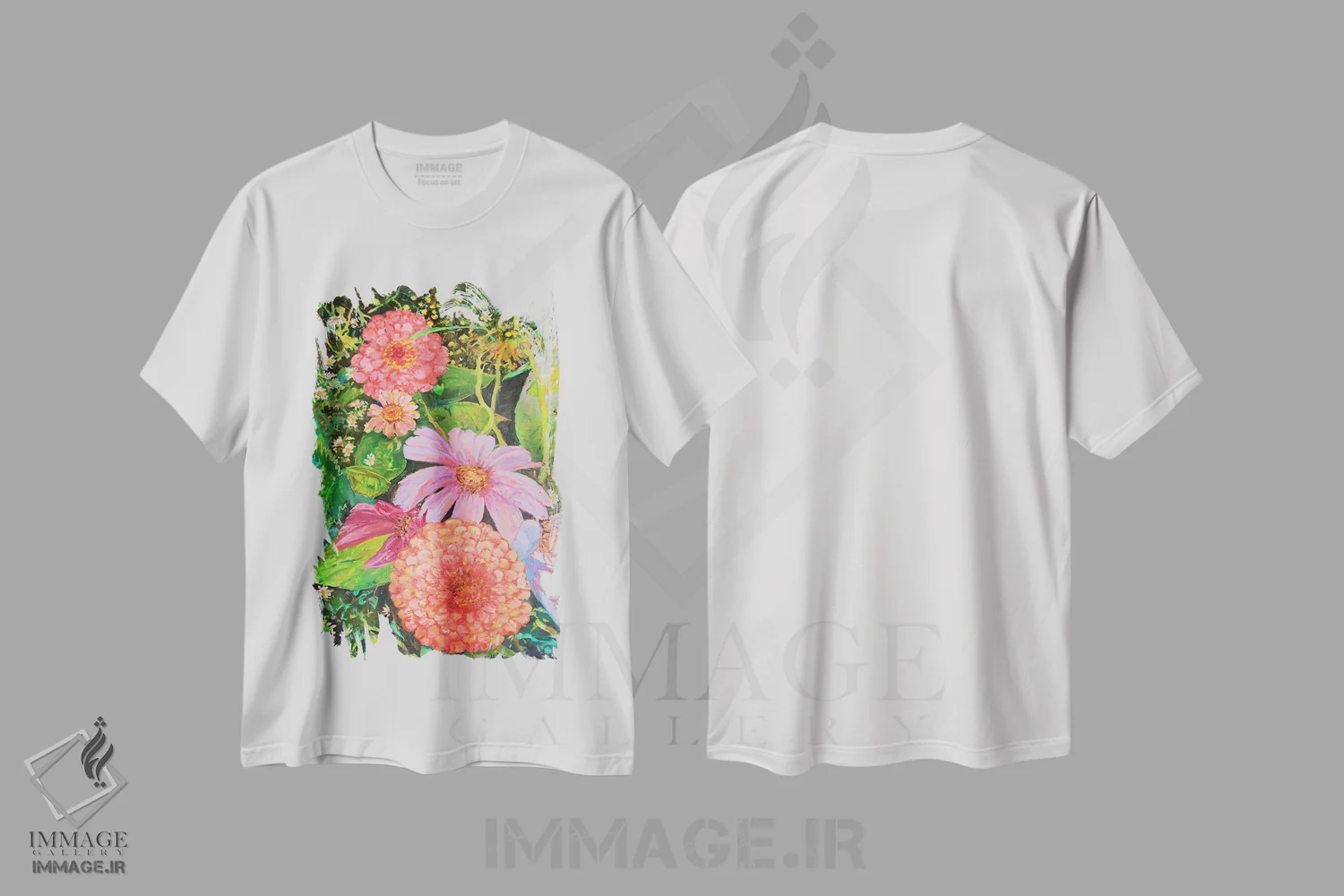 تیشرت سفید طرح دار فرشینه گل ها، هنر فاخر معاصر اثر کترین ام الیوت | فروشگاه ایماژ