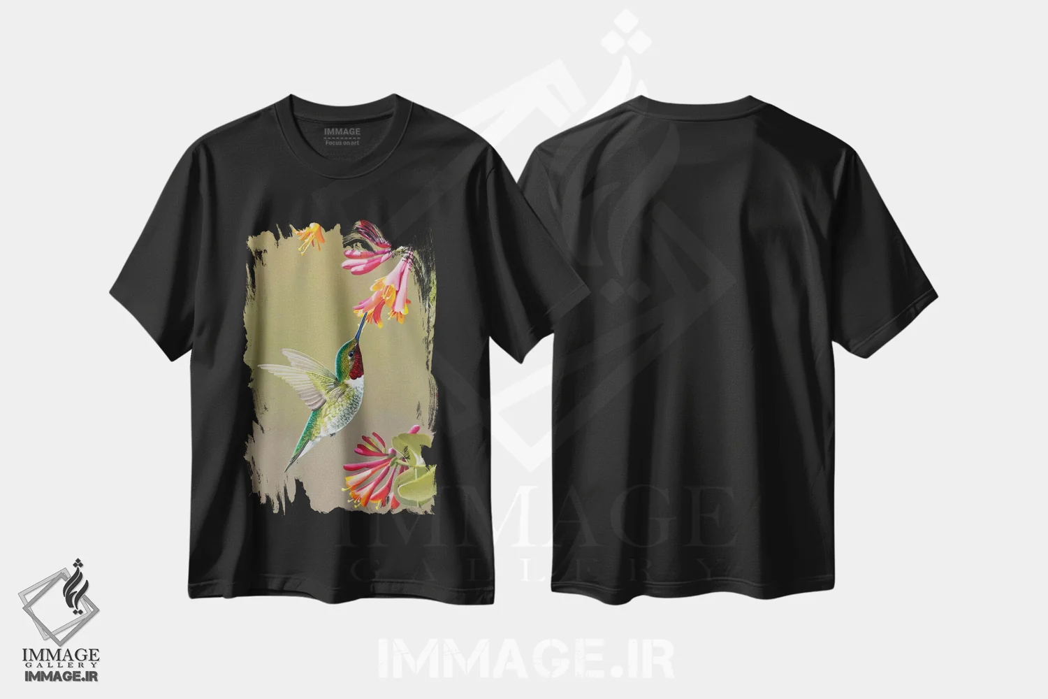 تیشرت مشکی طرح دار برخورد نزدیک، هنر فاخر معاصر اثر کامی یِل انگل | فروشگاه ایماژ