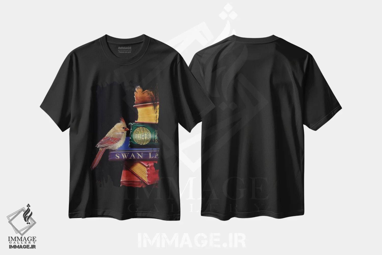 تیشرت مشکی طرح دار پرها و خیال، دکور معاصر اثر کامی یِل انگل | فروشگاه ایماژ