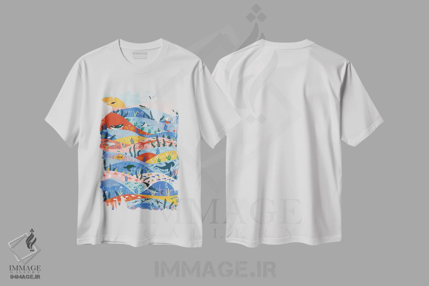 تیشرت سفید طرح دار اقیانوس ها، هنر دیجیتال اثر جیدا الاسار | فروشگاه ایماژ