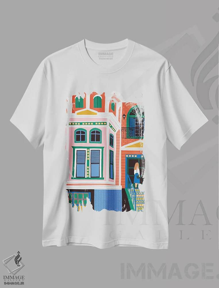 تیشرت سفید طرح دار خانهٔ ویکتوریایی، هنر دیجیتال اثر جیدا الاسار | فروشگاه ایماژ