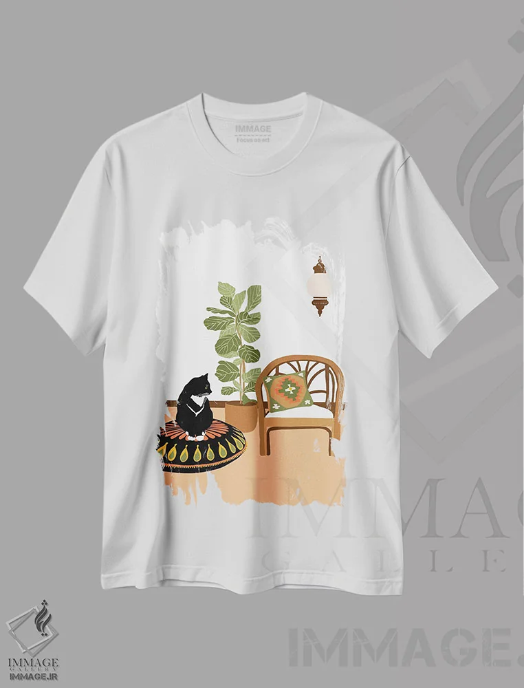 تیشرت سفید طرح دار گربهٔ بوهمیایی، دکور بوهمی اثر جیدا الاسار | فروشگاه ایماژ