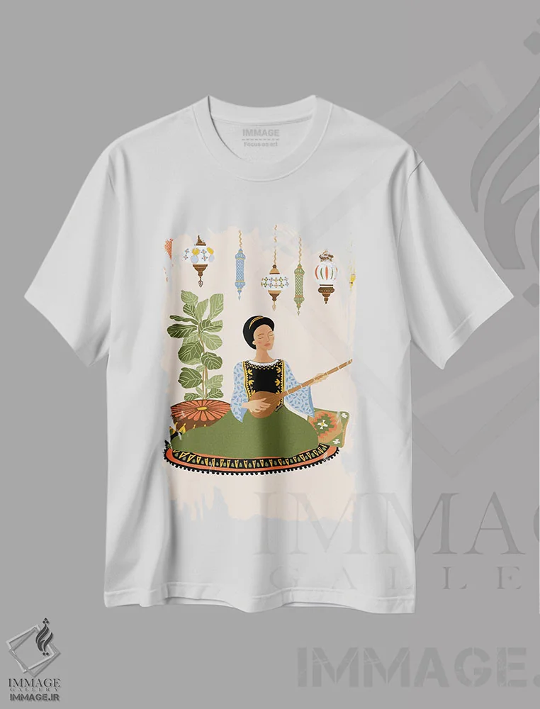 تیشرت سفید طرح دار نوازندهٔ تنبور، دکور بوهمی اثر جیدا الاسار | فروشگاه ایماژ