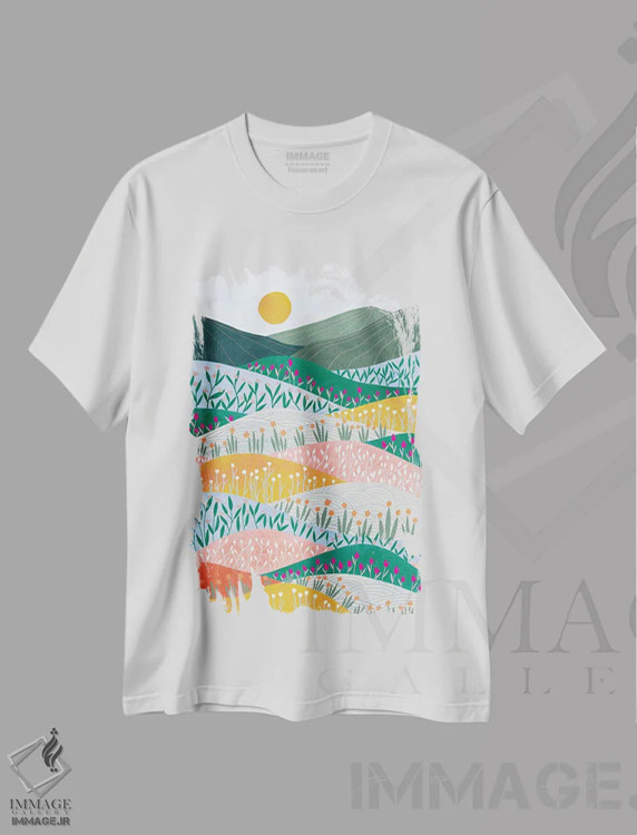 تیشرت سفید طرح دار طلوع خورشید، تزئینی اثر جیدا الاسار | فروشگاه ایماژ