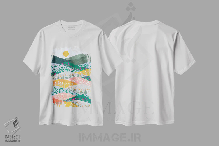 تیشرت سفید طرح دار طلوع خورشید، تزئینی اثر جیدا الاسار | فروشگاه ایماژ