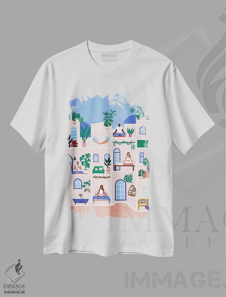 تیشرت سفید طرح دار خانه عروسکی یوگا، تزئینی اثر جیدا الاسار | فروشگاه ایماژ