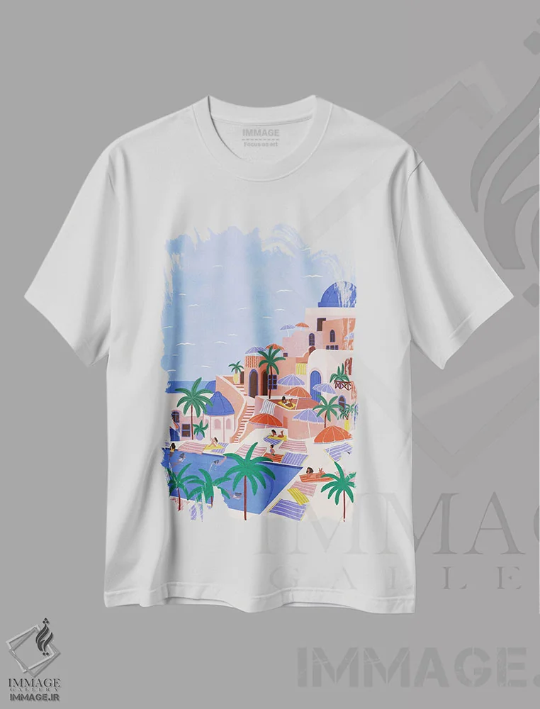 تیشرت سفید طرح دار تعطیلات تابستانی سانتورینی، تزئینی اثر جیدا الاسار | immage.ir