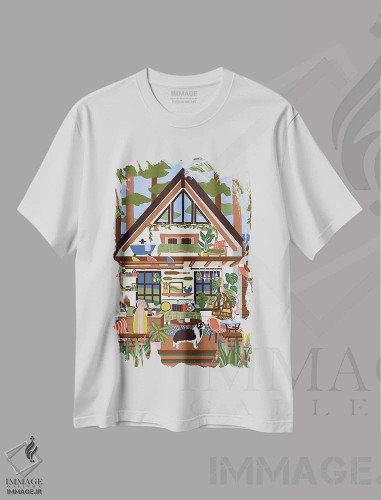 تیشرت سفید طرح دار کلبهٔ موج سواری، دکور کلبه و لژ اثر جیدا الاسار | فروشگاه ایماژ