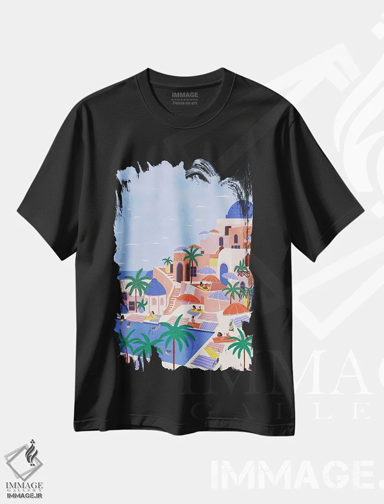 تیشرت مشکی طرح دار تعطیلات تابستانی سانتورینی، تزئینی اثر جیدا الاسار | فروشگاه ایماژ