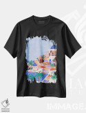 تیشرت مشکی طرح دار تعطیلات تابستانی سانتورینی، تزئینی اثر جیدا الاسار | فروشگاه ایماژ