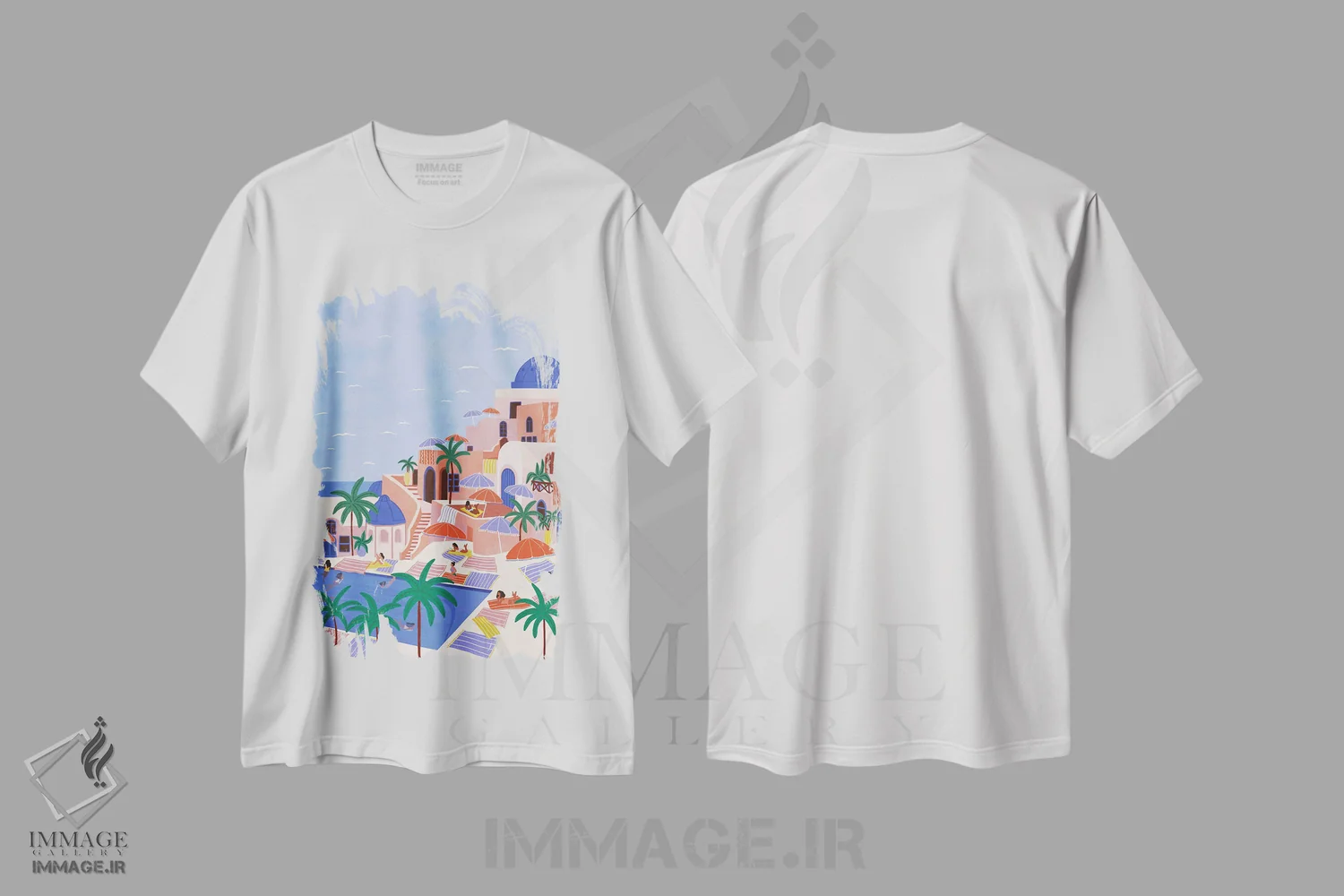 تیشرت سفید طرح دار تعطیلات تابستانی سانتورینی، تزئینی اثر جیدا الاسار | immage.ir