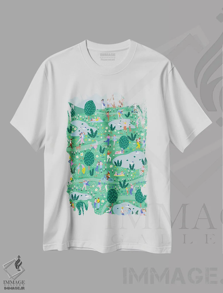 تیشرت سفید طرح دار جشنوارهٔ بهاری، تزئینی اثر جیدا الاسار | فروشگاه ایماژ
