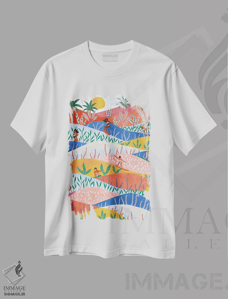 تیشرت سفید طرح دار موج سواران، تزئینی اثر جیدا الاسار | فروشگاه ایماژ