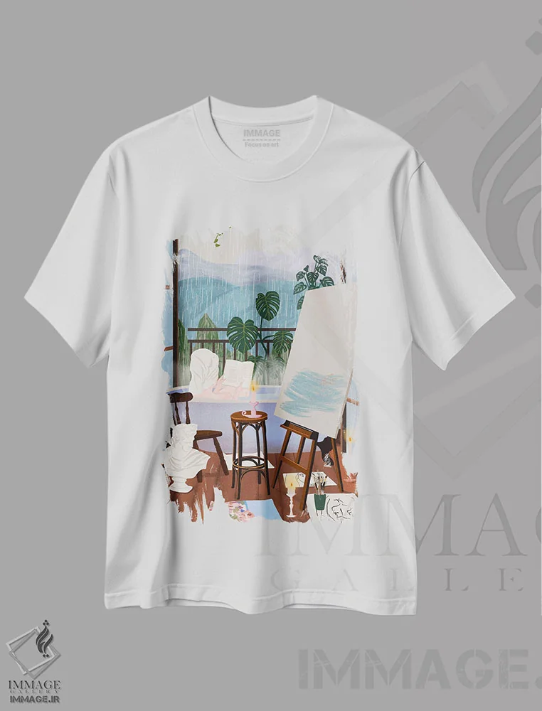 تیشرت سفید طرح دار اقامتگاه هنرمند، تزئینی اثر جیدا الاسار | فروشگاه ایماژ