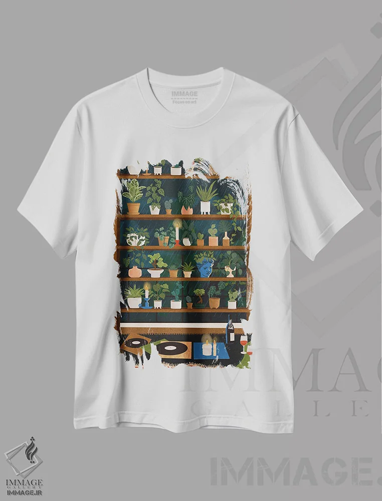 تیشرت سفید طرح دار قفسه های گیاهان شب بارانی، تزئینی اثر جیدا الاسار | immage.ir