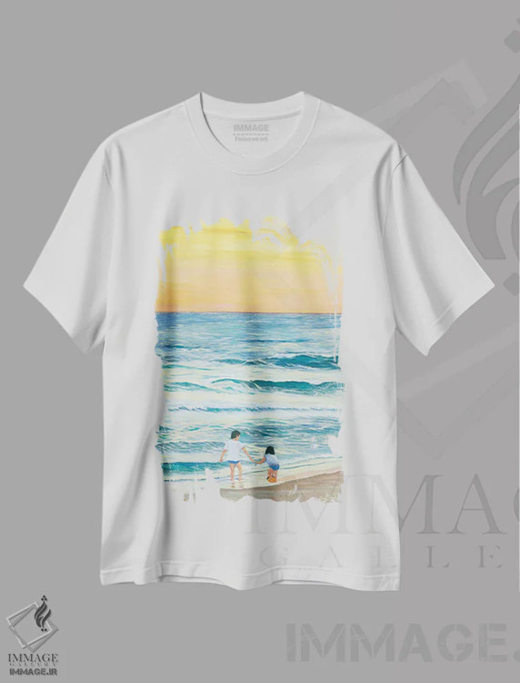 تیشرت سفید طرح دار یافته ساحل لاودرمیلک، هنر فاخر معاصر اثر کرتیس فانک | فروشگاه ایماژ