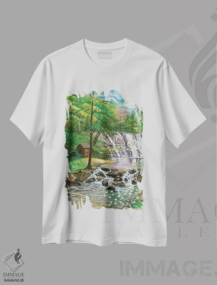 تیشرت سفید طرح دار آبشار موراویا، هنر فاخر معاصر اثر کرتیس فانک | immage.ir