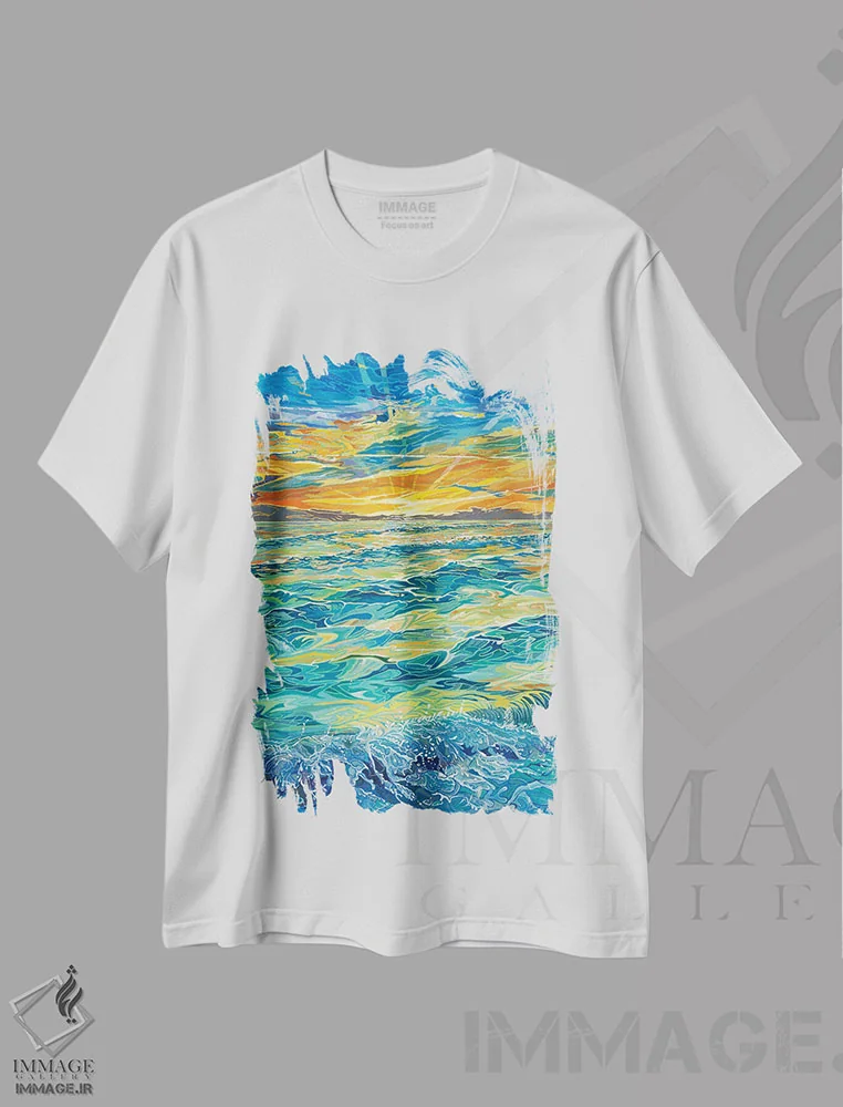 تیشرت سفید طرح دار غروب جزایر سیستا کیز، هنر فاخر معاصر اثر کرتیس فانک | immage.ir