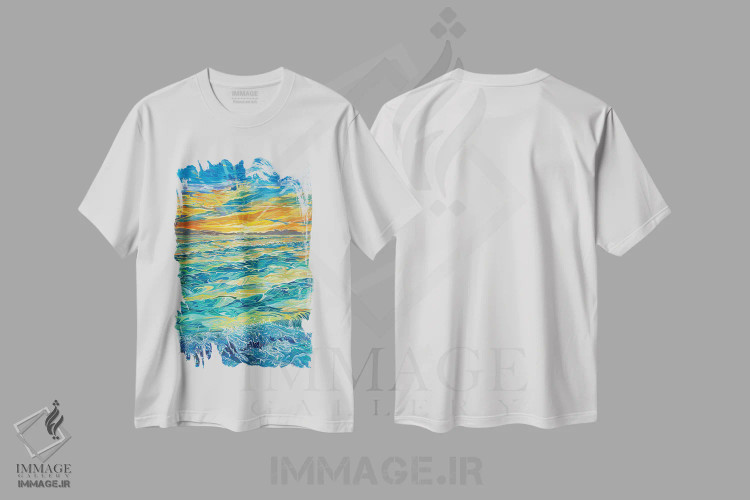 تیشرت سفید طرح دار غروب جزایر سیستا کیز، هنر فاخر معاصر اثر کرتیس فانک | immage.ir