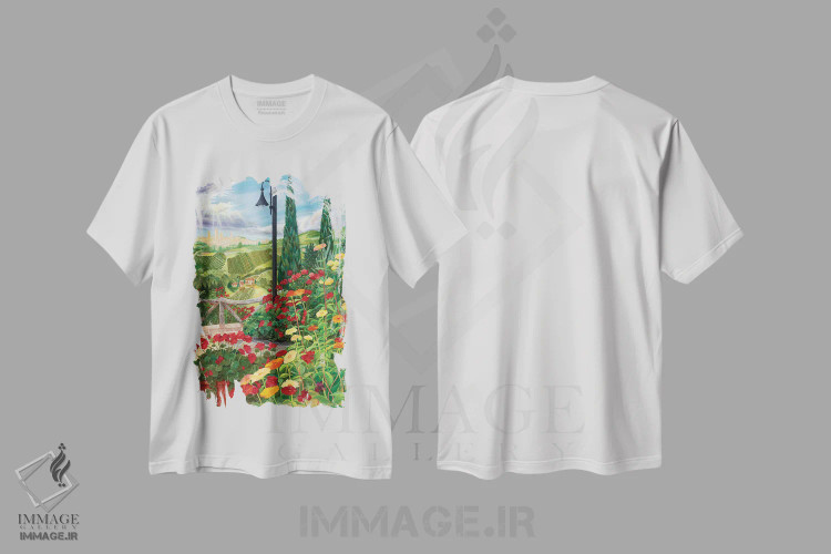 تیشرت سفید طرح دار باغ توسکانی، هنر فاخر معاصر اثر کرتیس فانک | فروشگاه ایماژ
