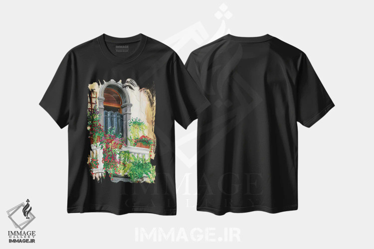 تیشرت مشکی طرح دار بالکن گل دار ونیز، هنر فاخر معاصر اثر کرتیس فانک | فروشگاه ایماژ