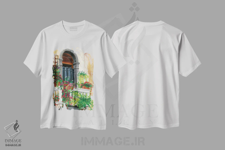 تیشرت سفید طرح دار بالکن گل دار ونیز، هنر فاخر معاصر اثر کرتیس فانک | immage.ir