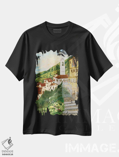 تیشرت مشکی طرح دار ویلای توسکانی، هنر فاخر معاصر اثر کرتیس فانک | فروشگاه ایماژ