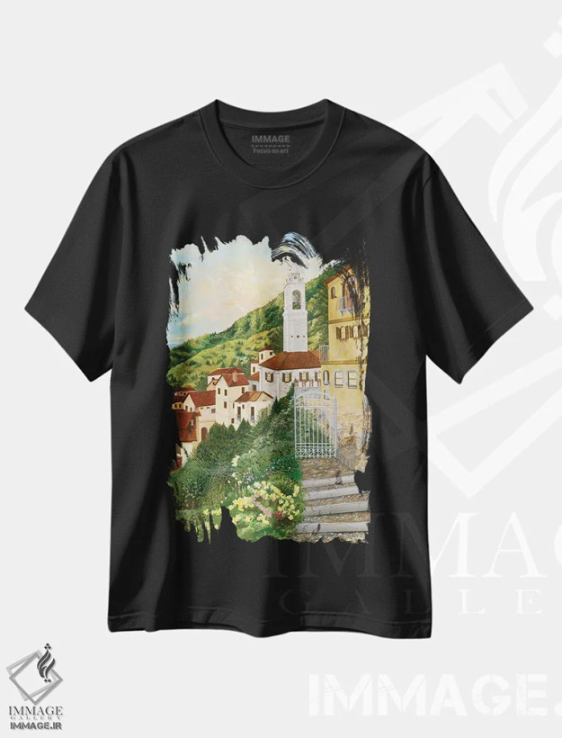 تیشرت مشکی طرح دار ویلای توسکانی، هنر فاخر معاصر اثر کرتیس فانک | فروشگاه ایماژ