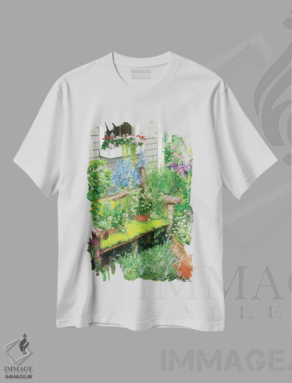 تیشرت سفید طرح دار نیمکت باغ بارینگتون، هنر فاخر معاصر اثر کرتیس فانک | فروشگاه ایماژ