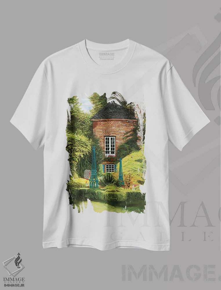 تیشرت سفید طرح دار چشم انداز باغ بارینگتون، هنر فاخر معاصر اثر کرتیس فانک | immage.ir
