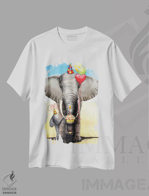 تیشرت سفید طرح دار فیل تولد، دکور معاصر اثر کترین جی مک الروی | فروشگاه ایماژ