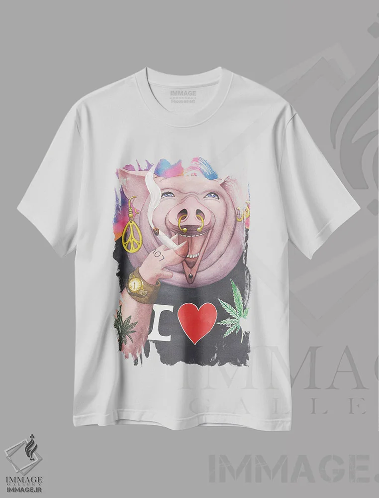 تیشرت سفید طرح دار خوک شکم گنده، دکوراسیون جایگزین اثر کترین جی مک الروی | فروشگاه ایماژ