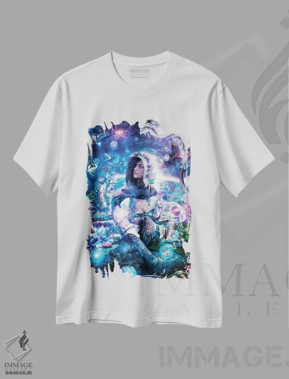 تیشرت سفید طرح دار مشاهدهٔ هم افزایی آسمانی ما، هنر فاخر معاصر اثر کامرون گری | immage.ir