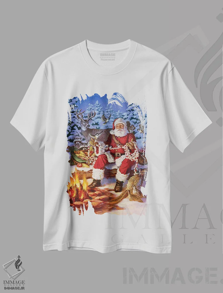 تیشرت سفید طرح دار آتش کمپ کریسمس، دکور تعطیلات اثر کربرت گوتیه | immage.ir