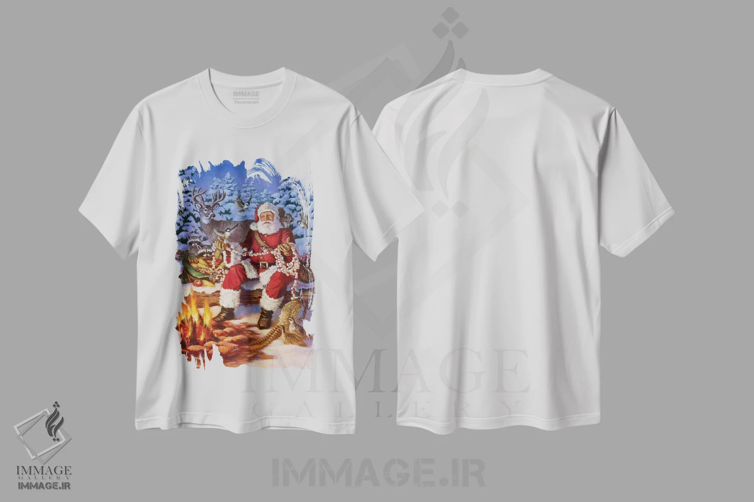 تیشرت سفید طرح دار آتش کمپ کریسمس، دکور تعطیلات اثر کربرت گوتیه | immage.ir