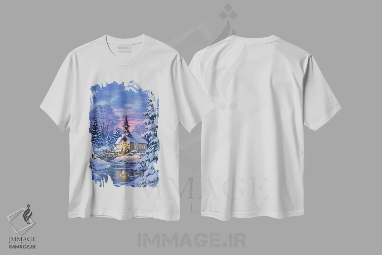 تیشرت سفید طرح دار کلیسای روستایی، دکور تعطیلات اثر کربرت گوتیه | فروشگاه ایماژ