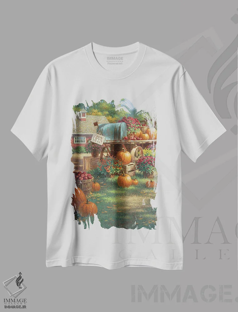 تیشرت سفید طرح دار منظرهٔ پاییزی، دکور روستایی اثر کربرت گوتیه | immage.ir