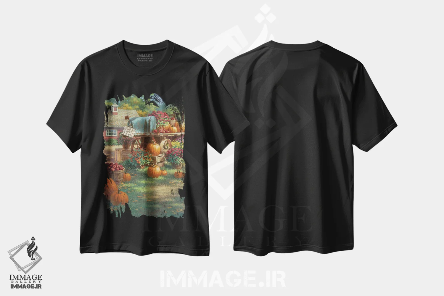 تیشرت مشکی طرح دار منظرهٔ پاییزی، دکور روستایی اثر کربرت گوتیه | فروشگاه ایماژ