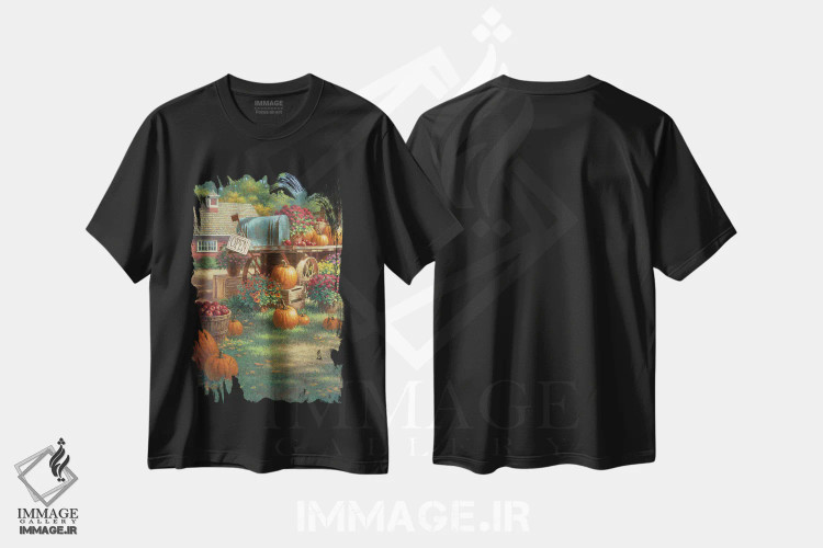 تیشرت مشکی طرح دار منظرهٔ پاییزی، دکور روستایی اثر کربرت گوتیه | فروشگاه ایماژ