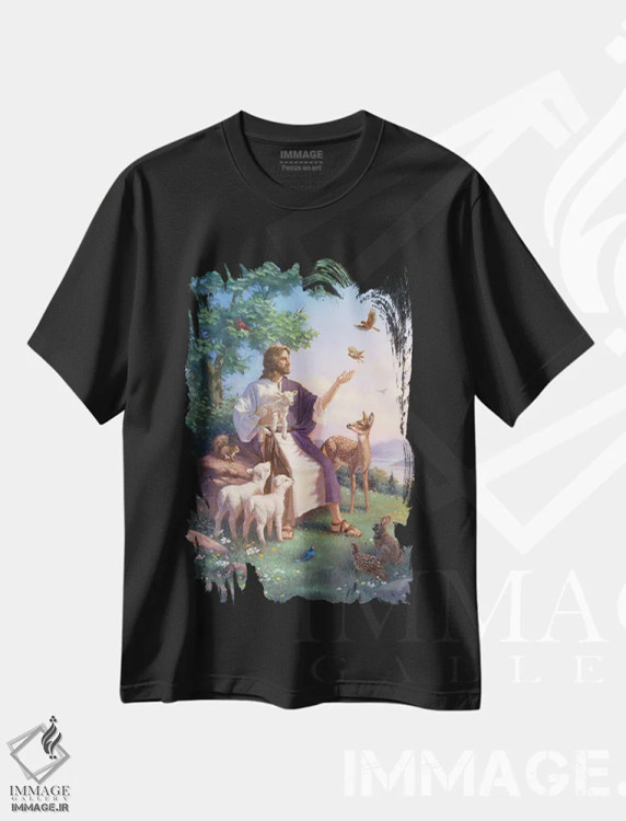 تیشرت مشکی طرح دار عیسی با حیوانات، مدیوم اثر کربرت گوتیه | immage.ir