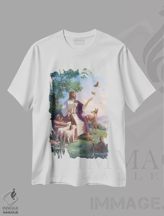 تیشرت سفید طرح دار عیسی با حیوانات، مدیوم اثر کربرت گوتیه | فروشگاه ایماژ