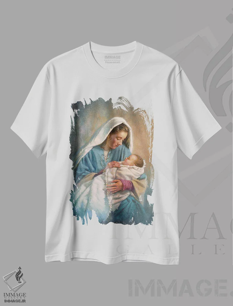 تیشرت سفید طرح دار مریم و عیسی نوزاد، مدیوم اثر کربرت گوتیه | فروشگاه ایماژ