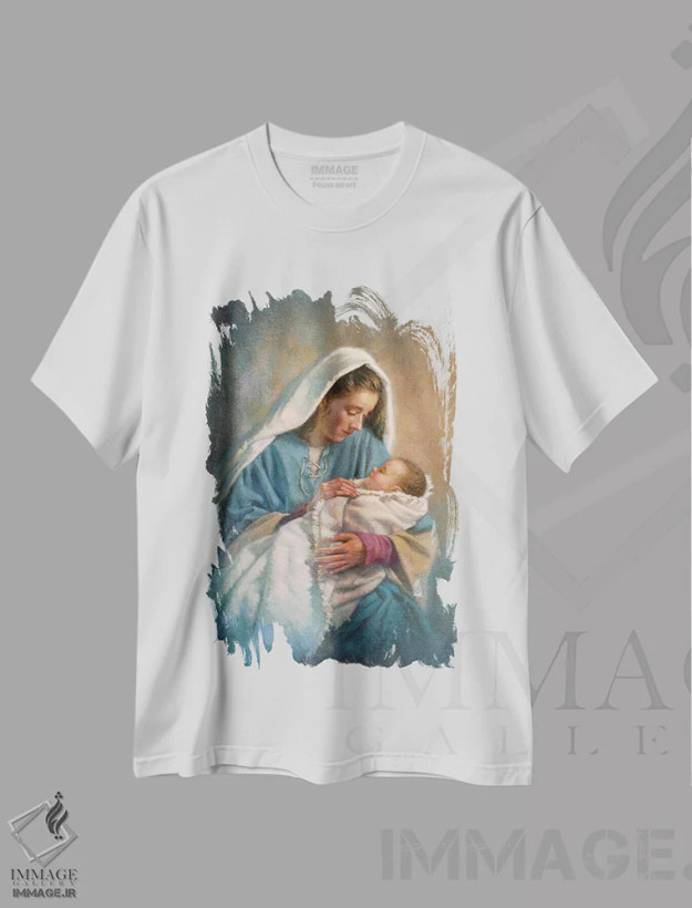 تیشرت سفید طرح دار مریم و عیسی نوزاد، مدیوم اثر کربرت گوتیه | فروشگاه ایماژ