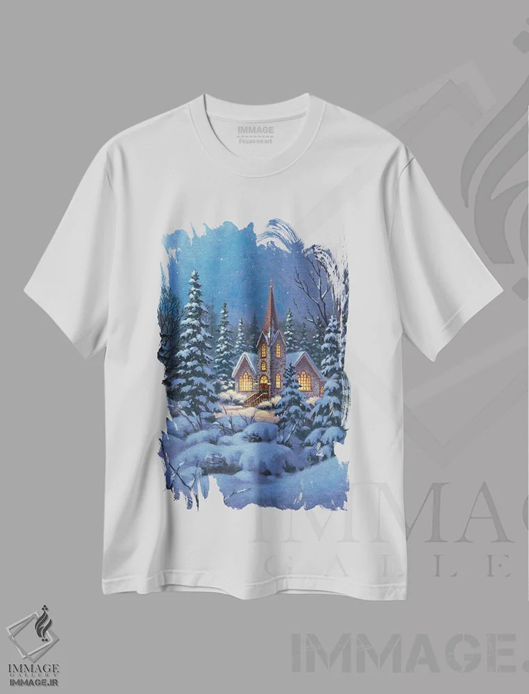 تیشرت سفید طرح دار نمازخانه جنگل های شمالی، تزئینی اثر کربرت گوتیه | فروشگاه ایماژ